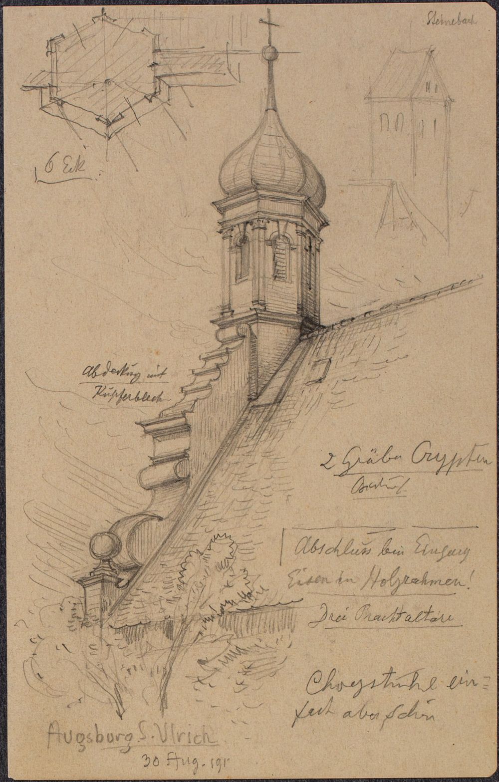 Josef Wilhelm Durm - Giebelturm der evangelischen St. Ulrichskirche in Augsburg und Turm der Kirche in Steinebach (Kirchen und Landschaften aus Bayern)