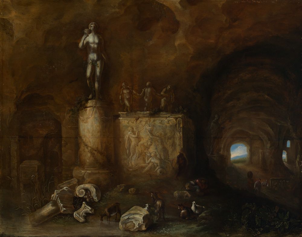 Abraham van Cuylenborch - Inneres einer Grotte mit Bildwerken und einem schlafenden Hirten