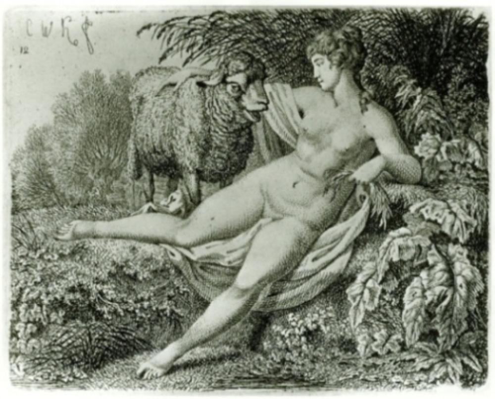 Carl Wilhelm Kolbe (1757) - Liegendes, nacktes Mädchen, das einem Schaf Kräuter reicht