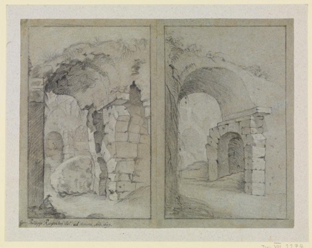 Georg Philipp Rugendas (1666) - Zwei Ruinenstudien des Kolosseums (aneinandergeklebt)