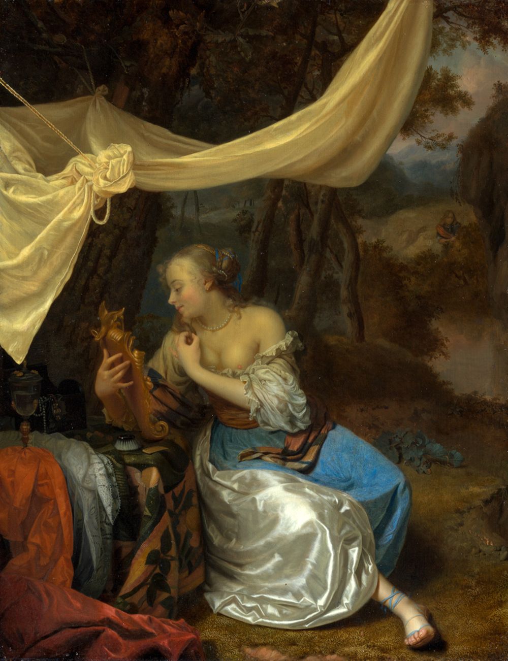 Godfried Schalcken - Dame mit Spiegel unter einem Baldachin in waldiger Landschaft