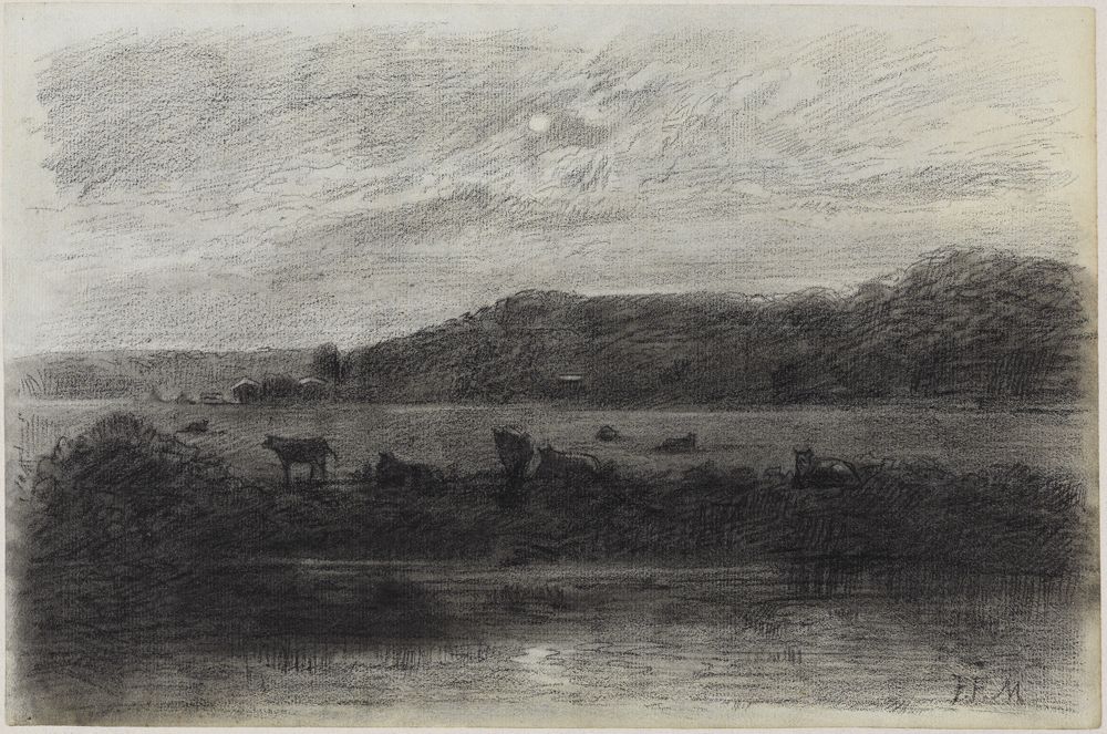 Jean François Millet (1814) - Flusslandschaft mit Viehweide bei Vollmond