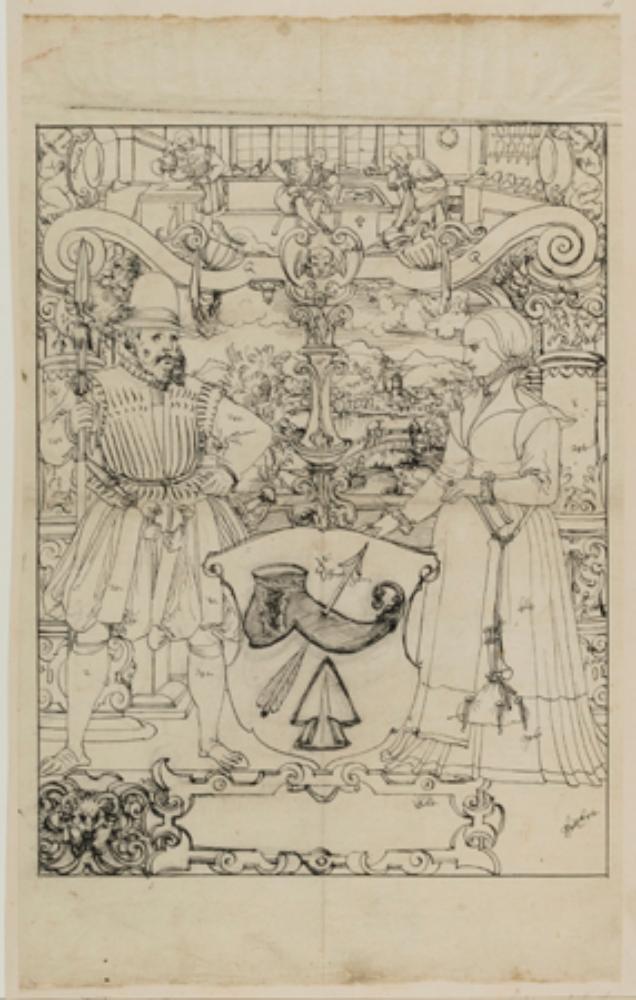 Bartholomäus Lingg - Riss mit Schildbegleiterpaar und Schusterwappen, im Oberbild Schusterhandwerk