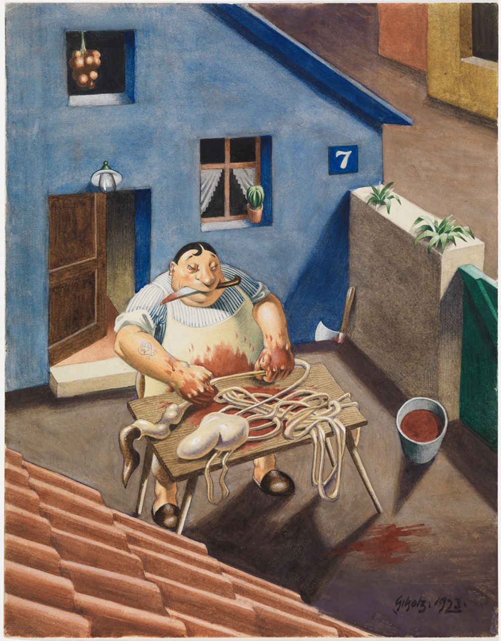 Im Mittelpunkt steht ein Metzger, umgeben von Fleisch und Werkzeugen. Das Bild zeigt einen harten Arbeitsalltag.