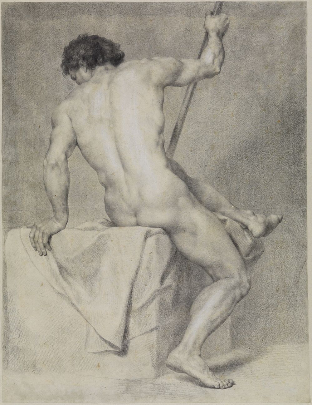 Anton Raphael Mengs - Sitzender männlicher Akt in Rückansicht, links sich abstützend, rechts einen Stab haltend