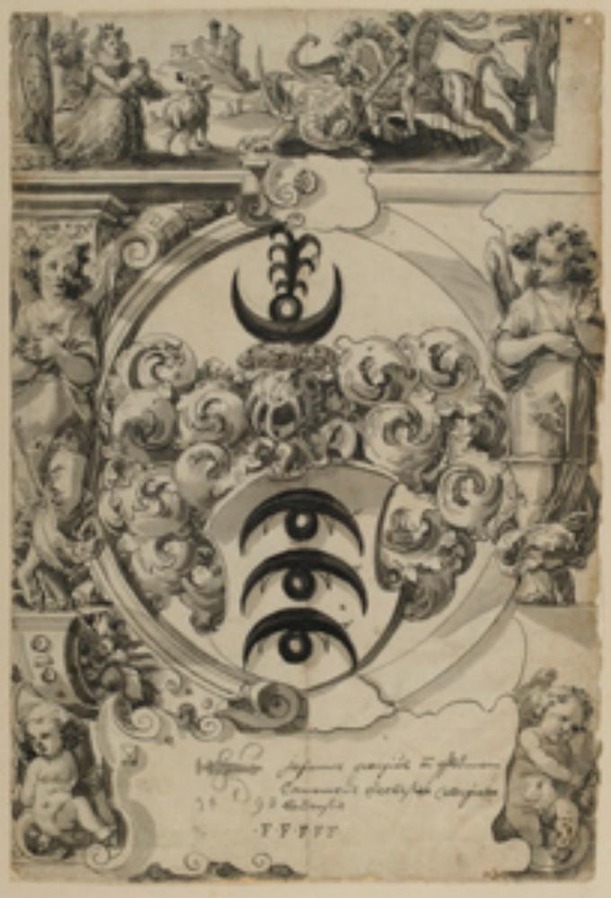 Niklaus von Riedt (zugeschrieben) - Riss mit Wappen Johann Georg von Pflummern, flankiert von zwei Engeln, im Oberbild Hl. Georg im Kampf gegen den Drachen