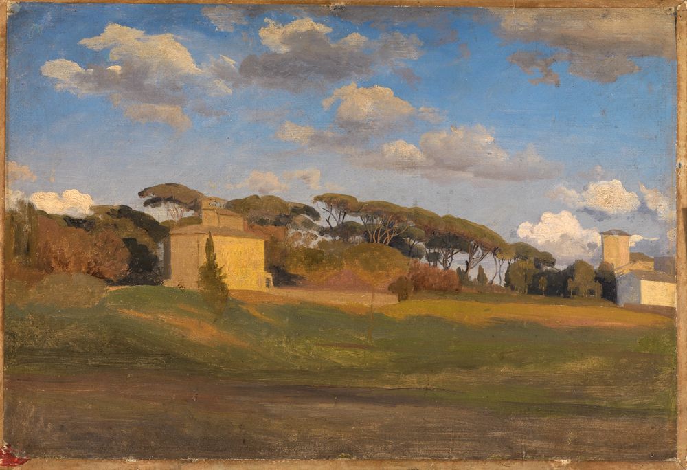 Johann Wilhelm Schirmer - Die Casina di Raffaello und ein Aussichtsturm im Park der Villa Borghese