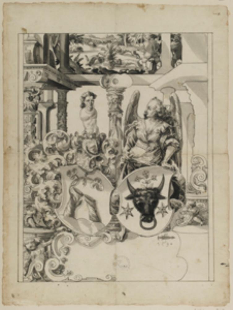 Niklaus von Riedt (zugeschrieben) - Riss mit Engel als Schildhalter und nicht identifizierten Allianzwappen, im Oberbild Hasenjagd