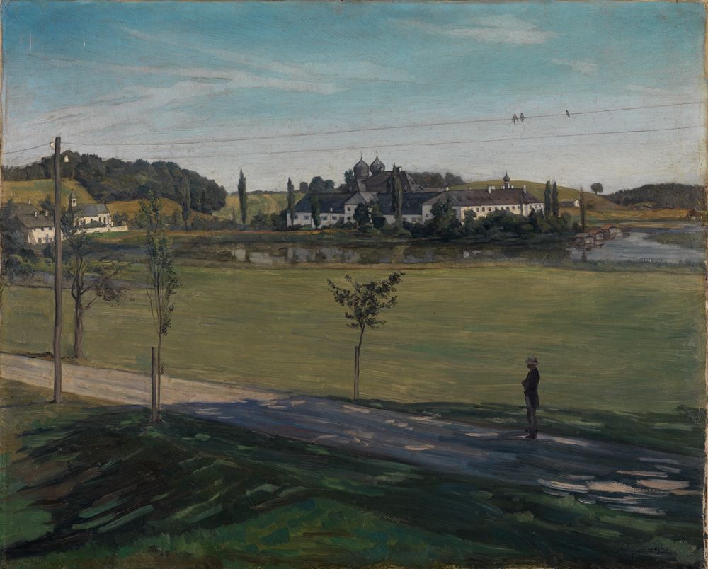 Wilhelm Trübner - Landschaft bei Kloster Seeon mit Telegraphenstange
