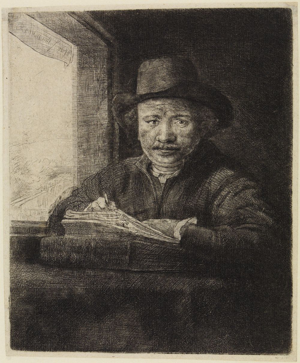 Rembrandt Harmensz. van Rijn - Selbstbildnis zeichnend am Fenster