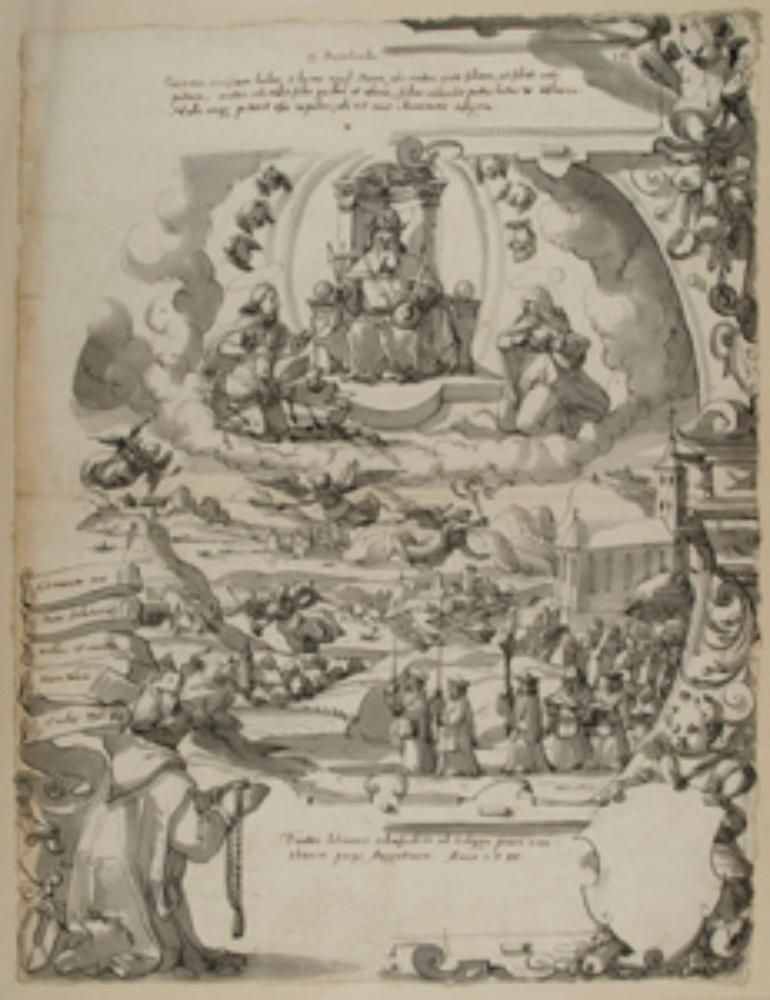 Christoph Murer (Umkreis) - Riss mit Landschaft und Prozession, darüber Gottvater mit Christus und Maria als Fürbitter, darunter l. kniender geistlicher Stifter, r. leerer Wappenschild
