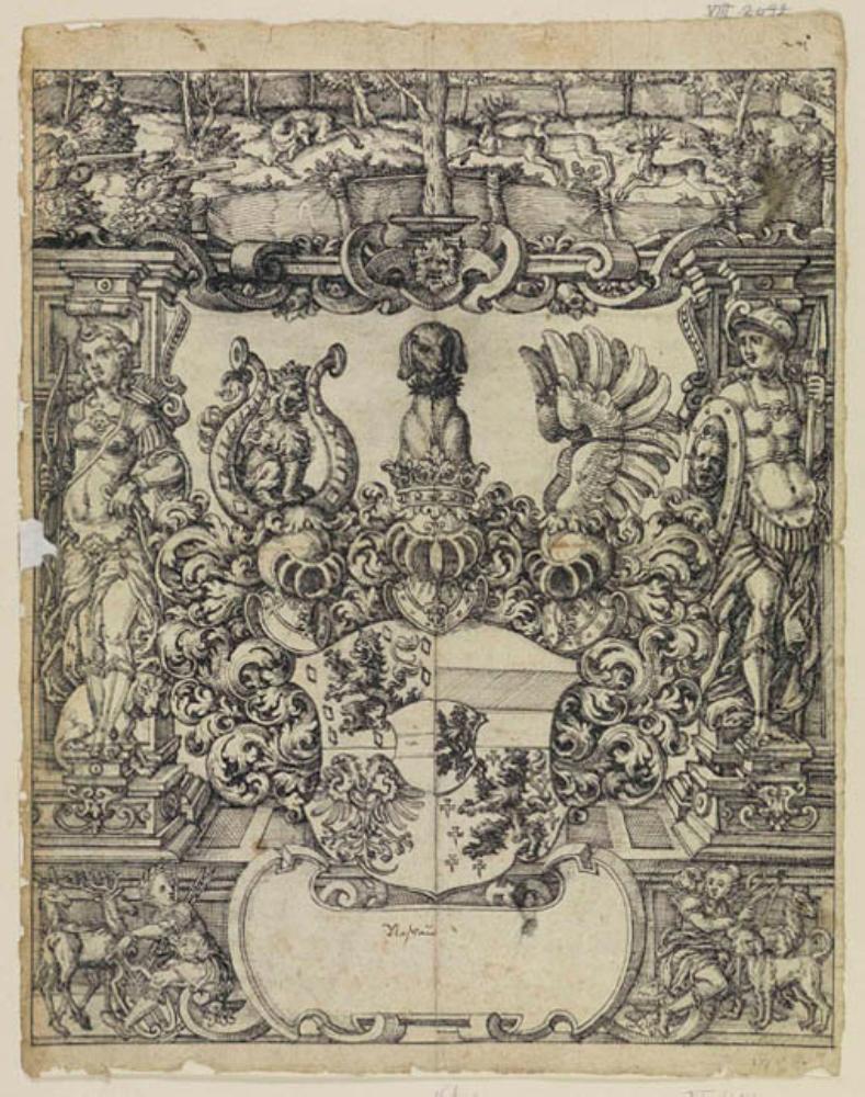 Straßburger Meister - Riss mit Wappen Nassau, flankiert von Diana und Minerva, im Oberbild Hirschjagd