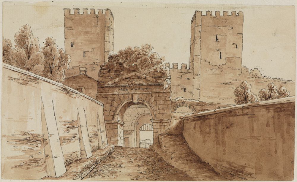 Friedrich Weinbrenner - Die Rückseite der Porta Appia mit dem Drususbogen in Rom