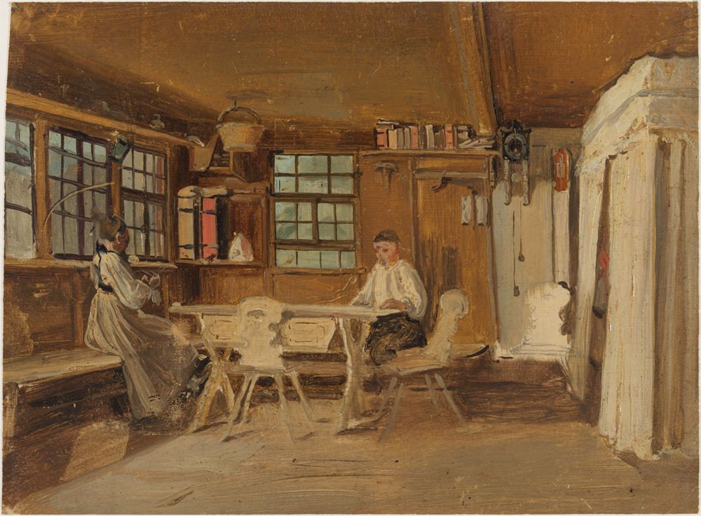 Johann Baptist Kirner - Schwarzwälder Bauernstube mit einer strickenden Bäuerin und einem lesendem Bauern