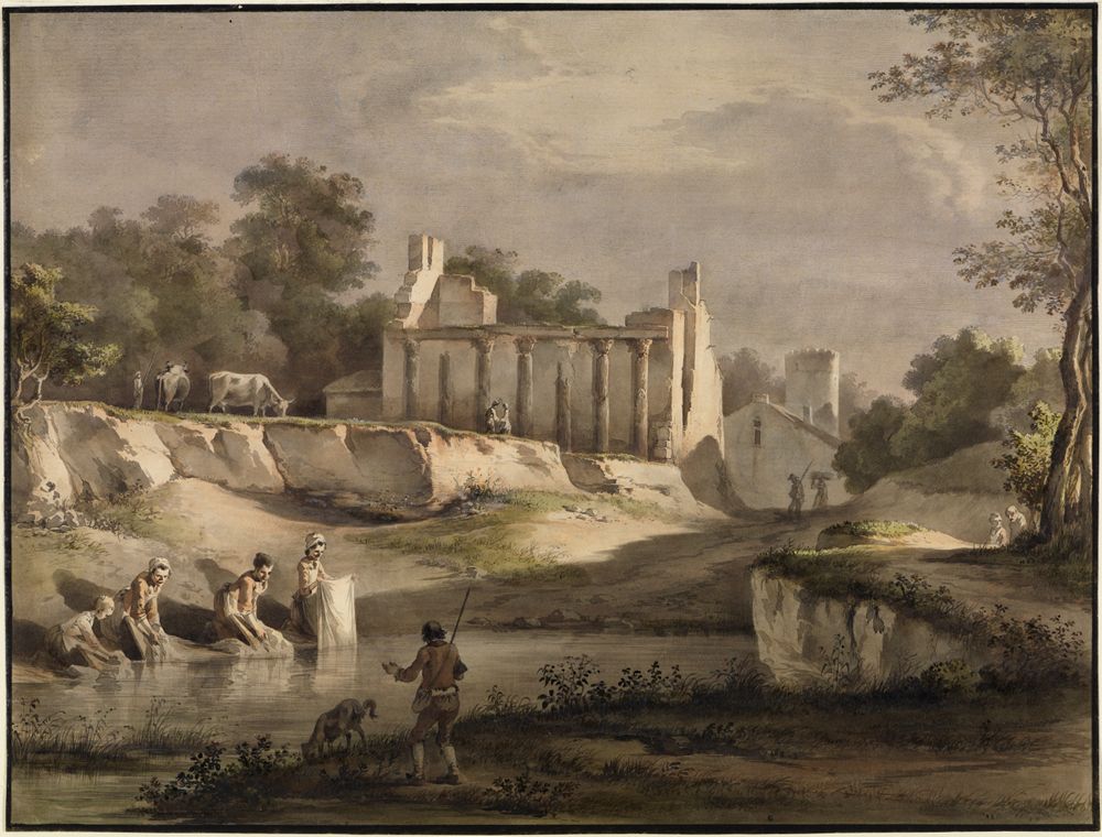 Jean Jacques de Boissieu - Wäscherinnen an einem Flüsschen, dahinter Hausruine mit antiken Säulen