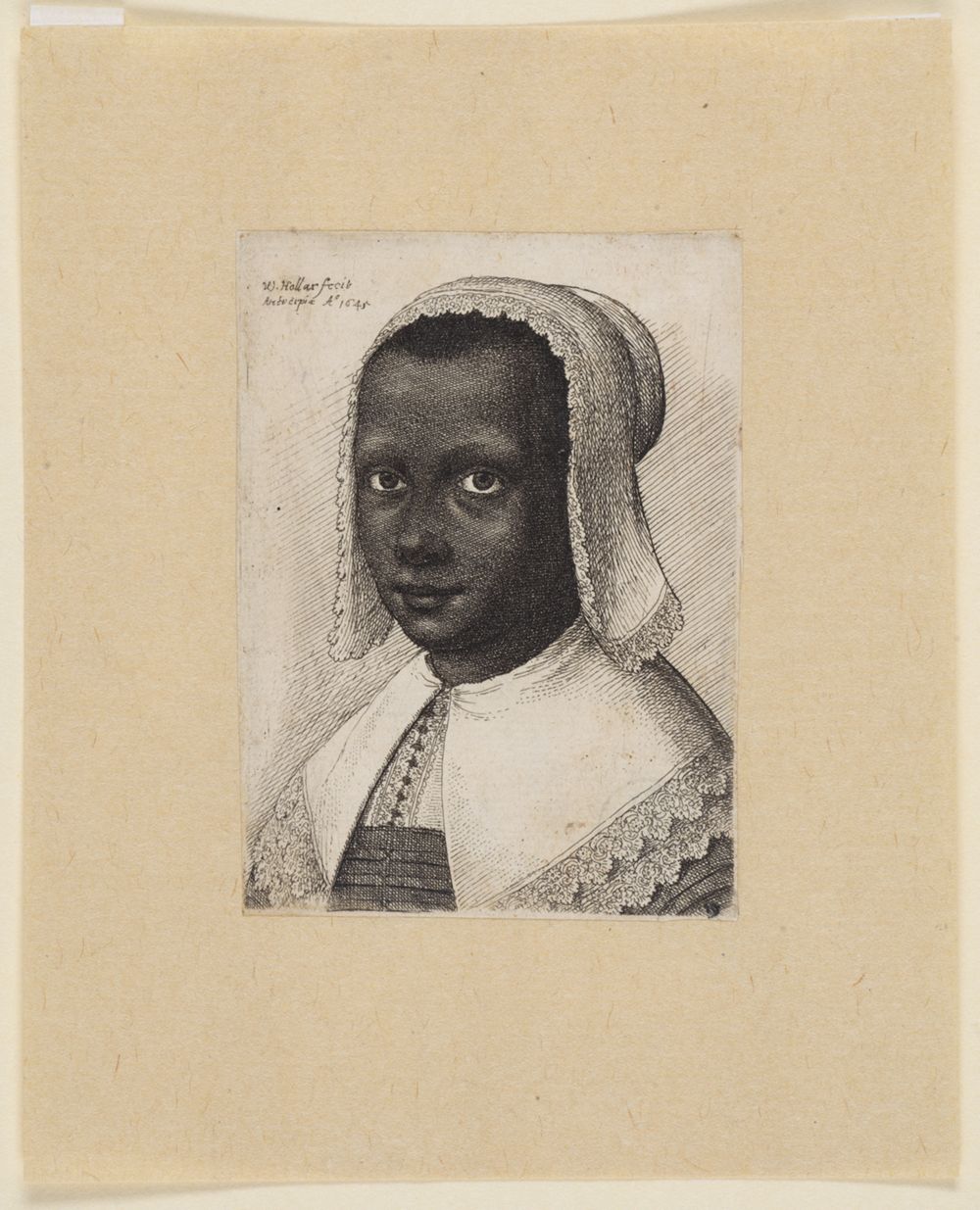 Wenzel Hollar - Brustbild einer schwarzen Frau mit Spitzenhaube