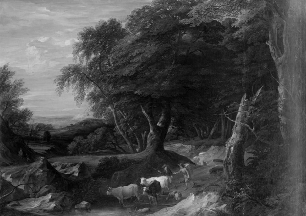 Cornelis Huysmans - Waldlandschaft mit Hirten und ihrer Herde an einer Furt