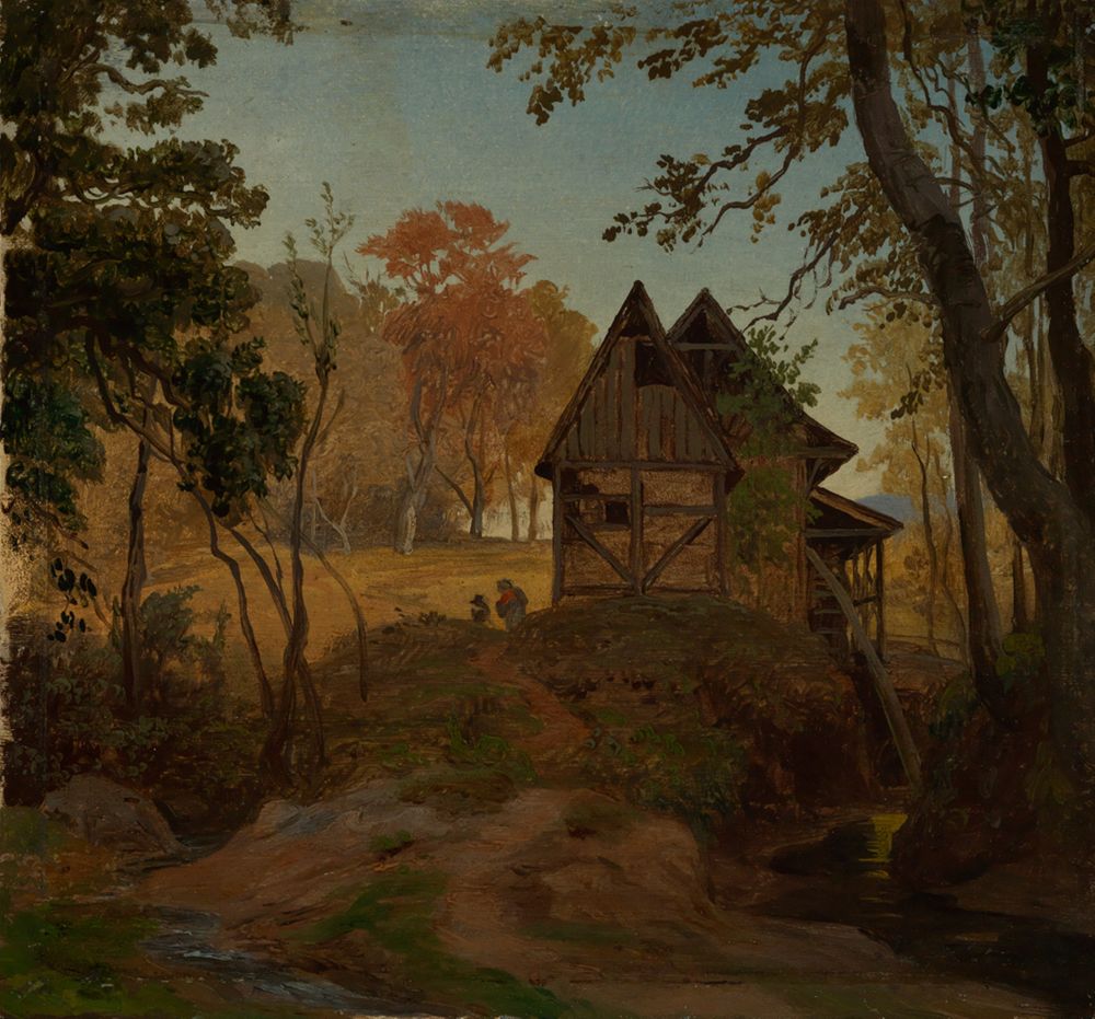 <p>Johann Wilhelm Schirmer zeigt eine alte Mühle am Wasser.</p><p>Das Wasser fließt über ein Rad, das die Mühle antreibt. Rund um die Mühle sind Wiesen und Bäume.</p>