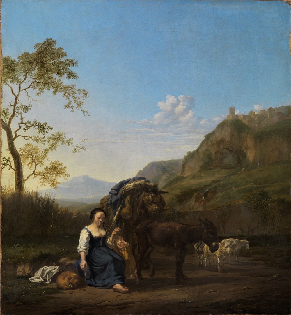 Karel DuJardin - Spinnende Bäuerin in italienischer Berglandschaft