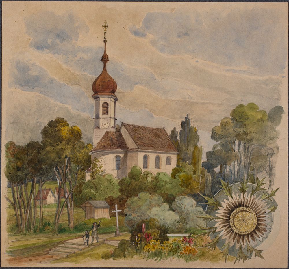 Josef Wilhelm Durm - Blick von Nordosten auf die Kirche in Holzhausen (mit Silberdistel) (Kirchen und Landschaften aus Bayern)