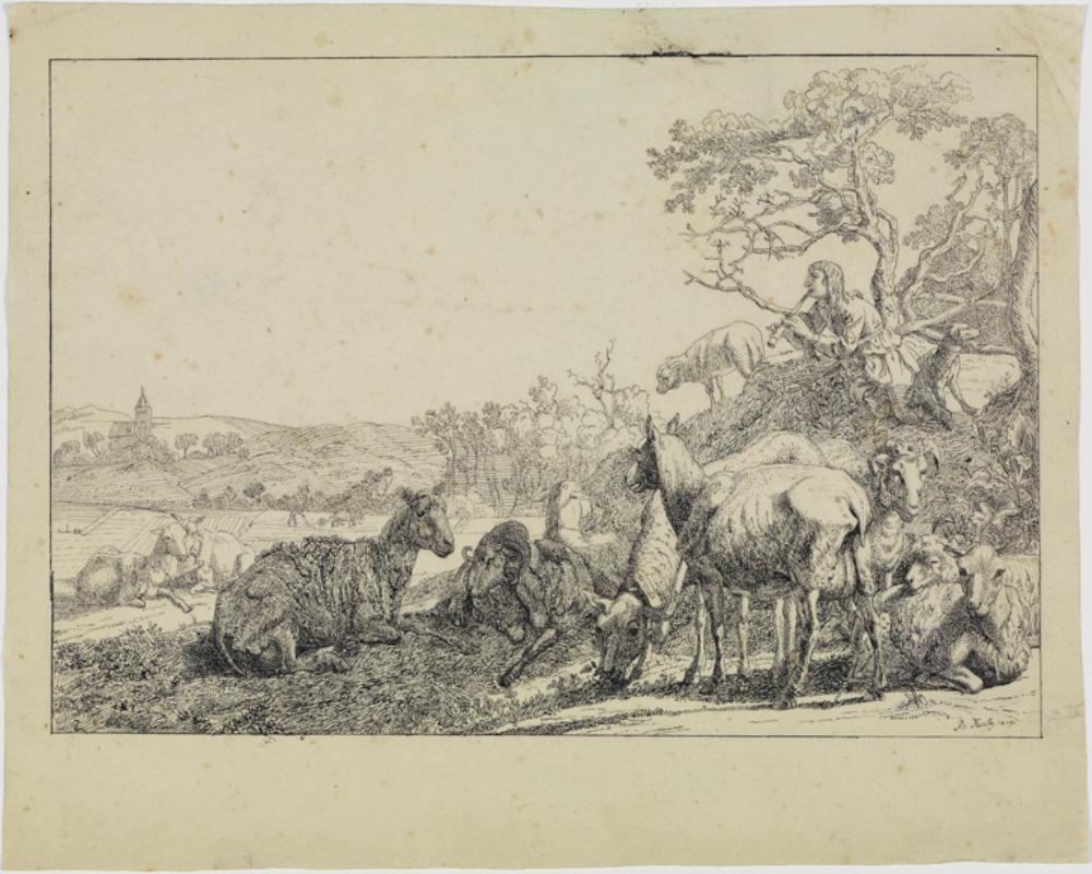 Rudolph Kuntz - Schafherde mit flötendem Hirten