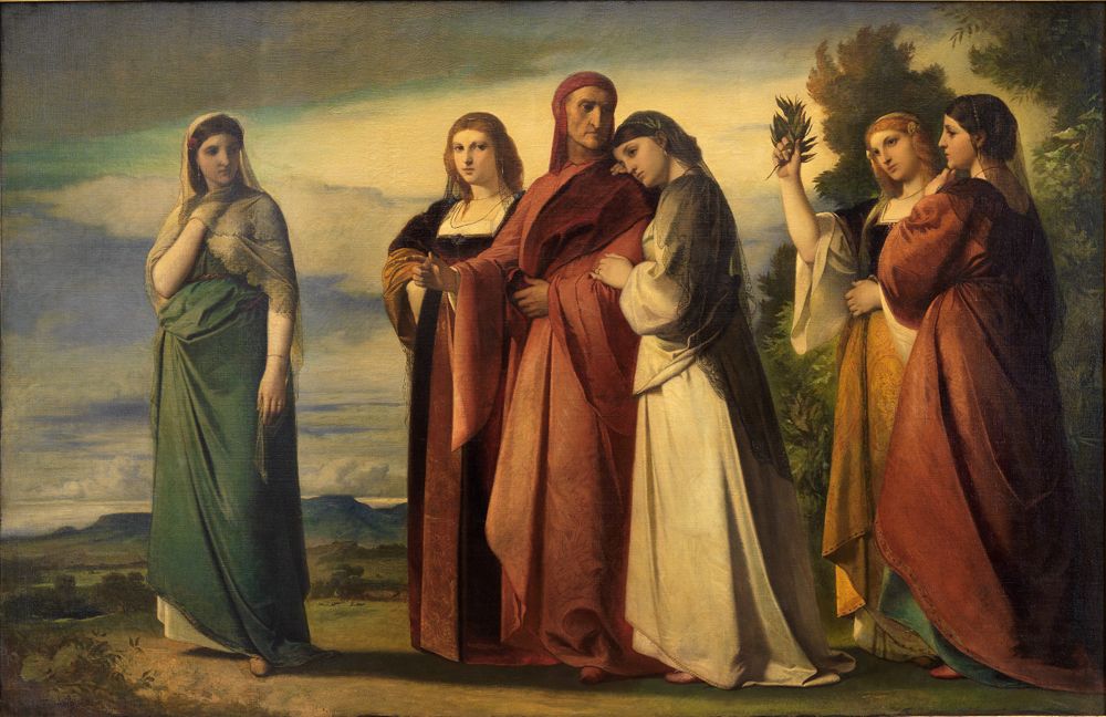 Das Gemälde as Gemälde zeigt den Dichter Dante Alighieri. Um ihn herum stehen edle Frauen in langen, eleganten Kleidern, die freundlich und würdevoll wirken.