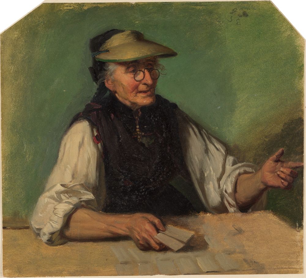 Johann Baptist Kirner - Alte Schwarzwälderin mit Augenschirm und Spielkarten in der rechten Hand, hinter einem Tisch sitzend