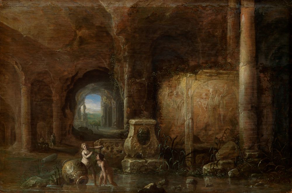 Abraham van Cuylenborch - Grotte mit antiken Bildwerken und badenden Frauen