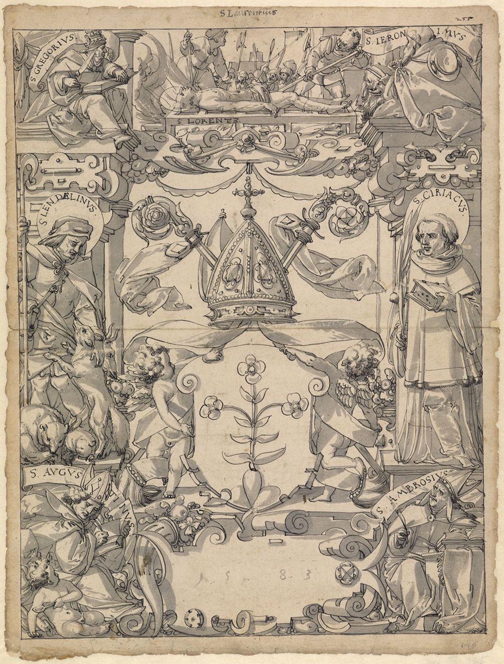 Christoph Murer (zugeschrieben) - Riss mit Wappen Laurentius Gutjahr, Abt von Altdorf und Ettenheimmünster, flankiert von dem Hl. Landelin und dem Hl. Cyriakus, im Oberbild dias Martyrium des Hl. Laurentius, in den Eckbildern die vier Kirchenväter