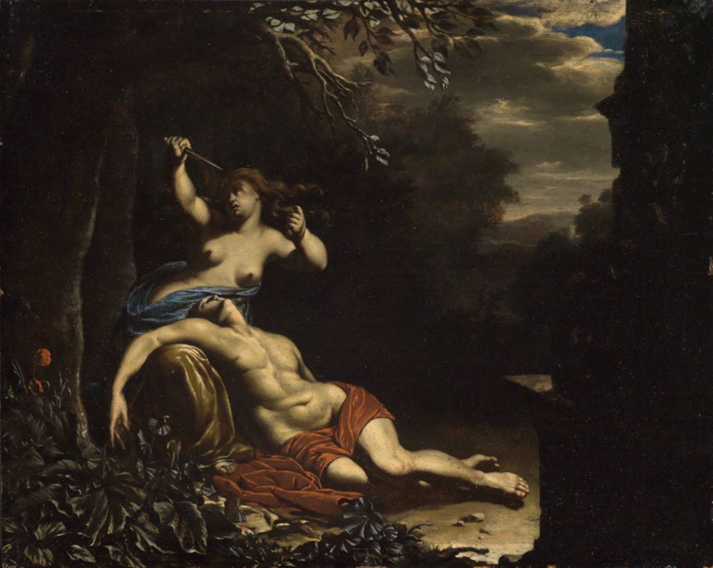 Jan van Mieris - Thisbe gibt sich an der Leiche des Pyramus den Tod