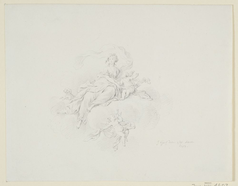 Johann Jakob Hoch - Vignette: Weiblicher Genius auf Wolken, mit zwei Putten und Hund