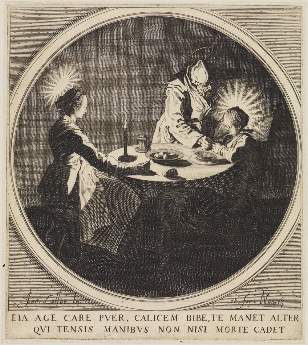 Jacques Callot zeigt Maria, Josef und das Jesuskind an einem einfachen Tisch. Sie sitzen zusammen und essen. Alles wirkt friedlich und bescheiden.