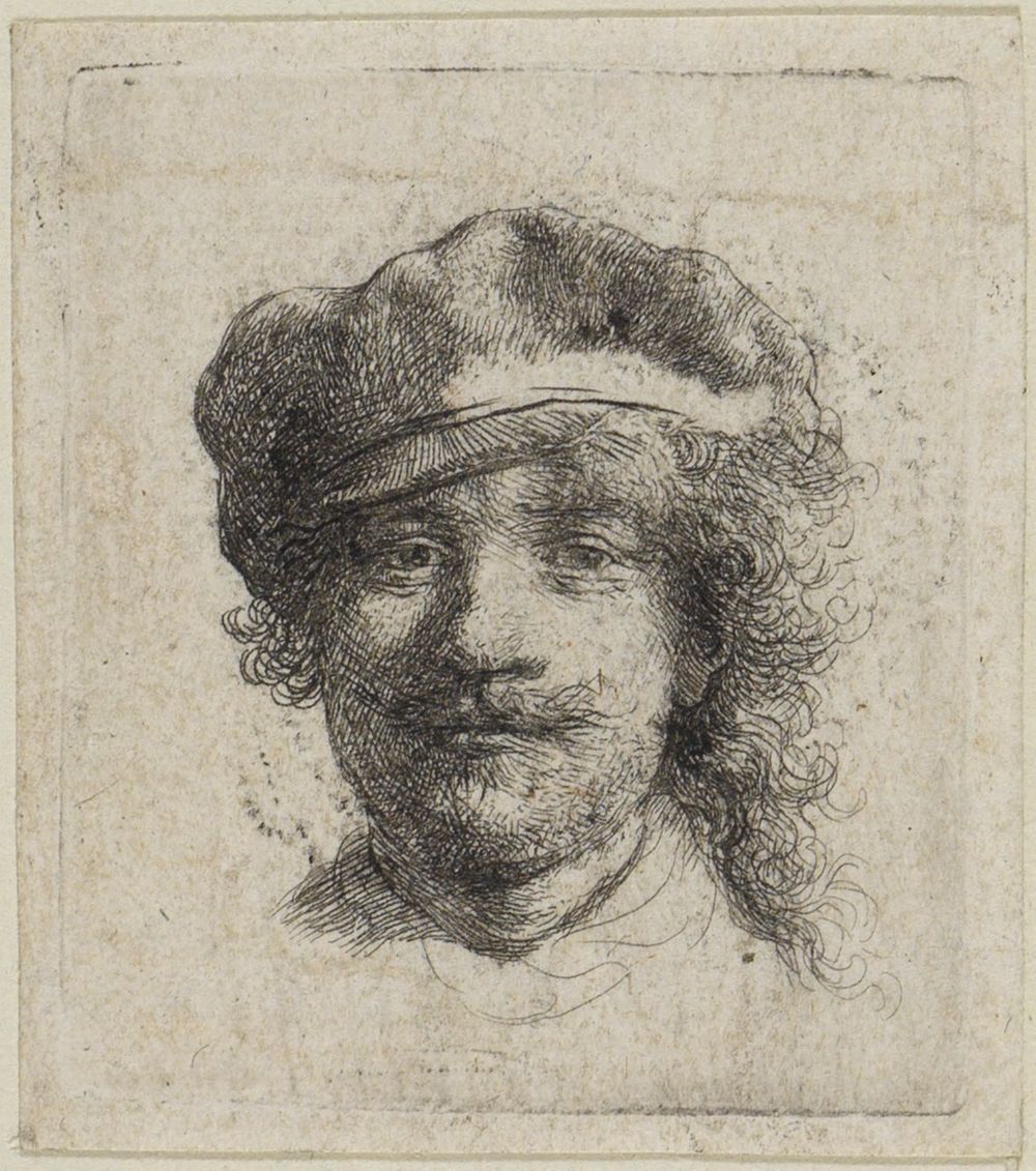 Rembrandt Harmensz van Rijn - Selbstbildnis von vorn gesehen, im Barett
