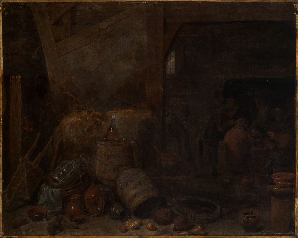 <p>Das Bild zeigt einen Raum in einem Bauernhaus mit einfachen Möbeln..Auf dem Tisch liegen Brot und ein Krug.</p><p>Eine Frau steht am Herd und kocht.</p><p></p>
