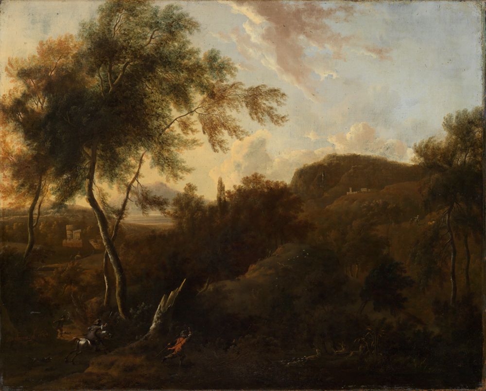 Frederik de Moucheron - Südliche Landschaft mit einem Jäger auf Hirschjagd