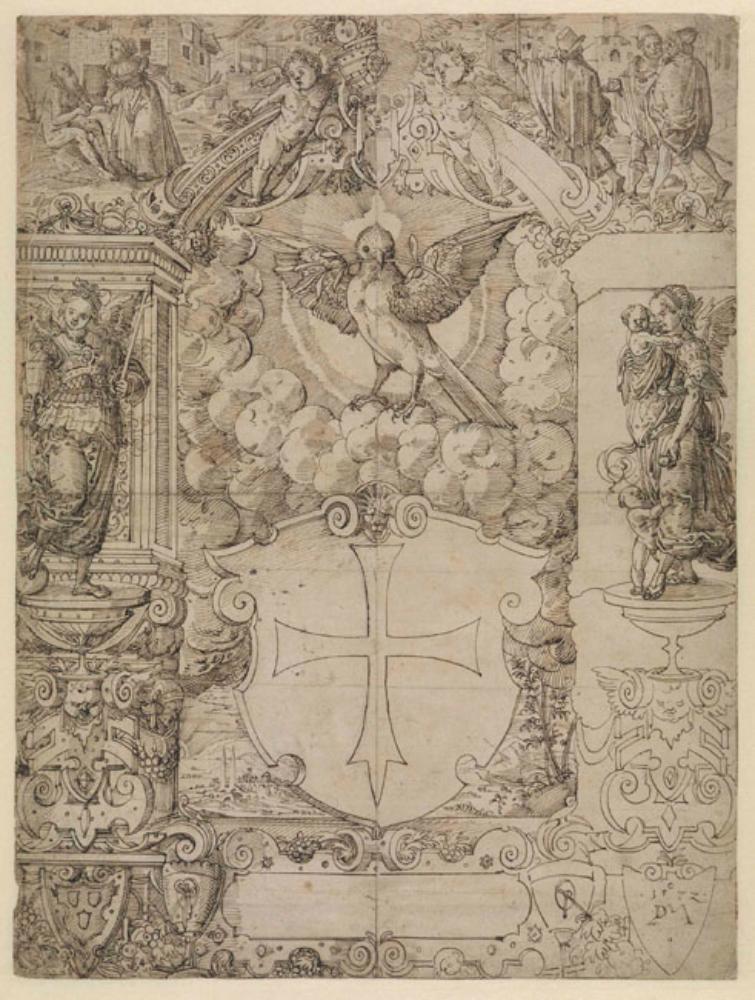 Daniel Lindtmayer (1552) - Riss mit Wappen des Heiliggeistspitals in Schaffhausen, flankiert von Fides und Caritas, darunter l. Zunftwappen der Maler, im Oberbild Hiob