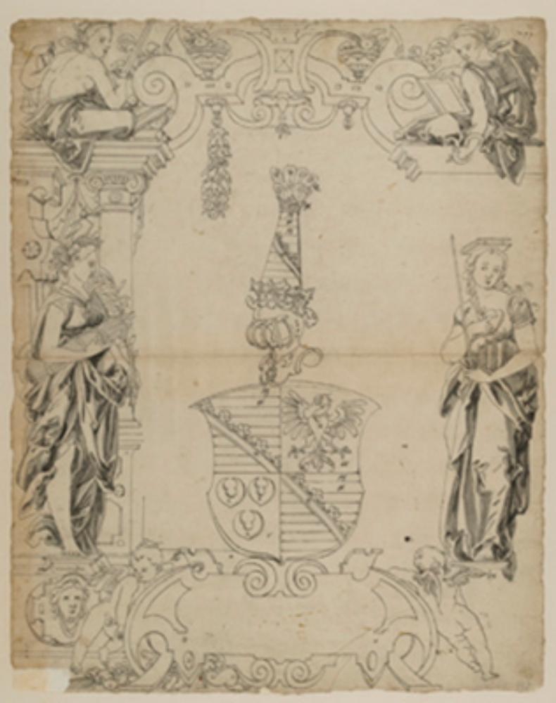 Bartholomäus Lingg - Riss mit Wappen Sachsen-Lauenburg, flankiert von Concordia und Lex, in den o. Eckbildern Justitia und Prudentia
