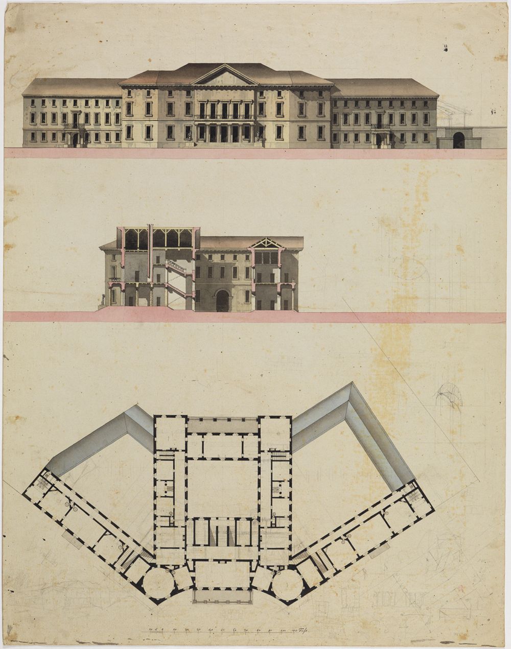 Friedrich Weinbrenner - Plan zum Markgräflichen Palais: Fassade, Schnitt, Grundriss eines Obergeschosses