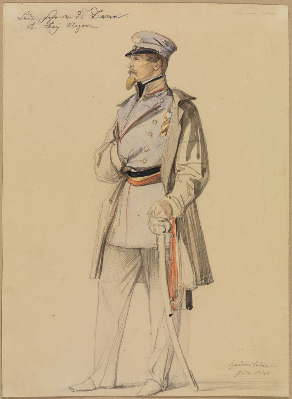 Feodor Dietz - Ludwig Freiherr v. d. Tann, K. Bay. Major, stehend nach links (Album von Studien [...] aus dem Schleswig-Holsteinischen Kriege (1848-1850), enthaltend circa 80 Blätter; D Fünf Porträtstudien: Blatt 25)