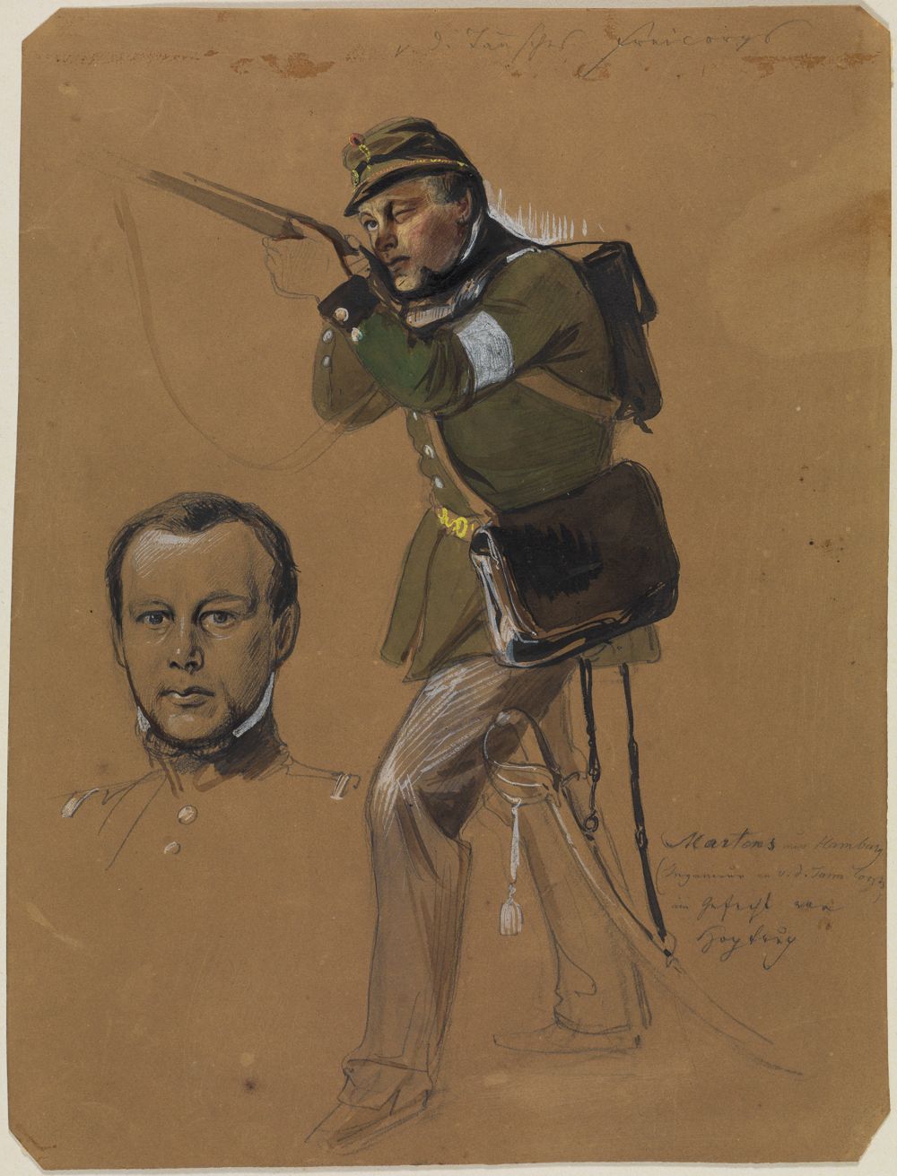 Feodor Dietz - Martens aus Hamburg (Ingenieur im v. d. Tann. Corps) im Gefecht von Hoptrup (sowie Kopfstudie) (Album von Studien [...] aus dem Schleswig-Holsteinischen Kriege (1848-1850), enthaltend circa 80 Blätter; D Fünf Porträtstudien: Blatt 27)