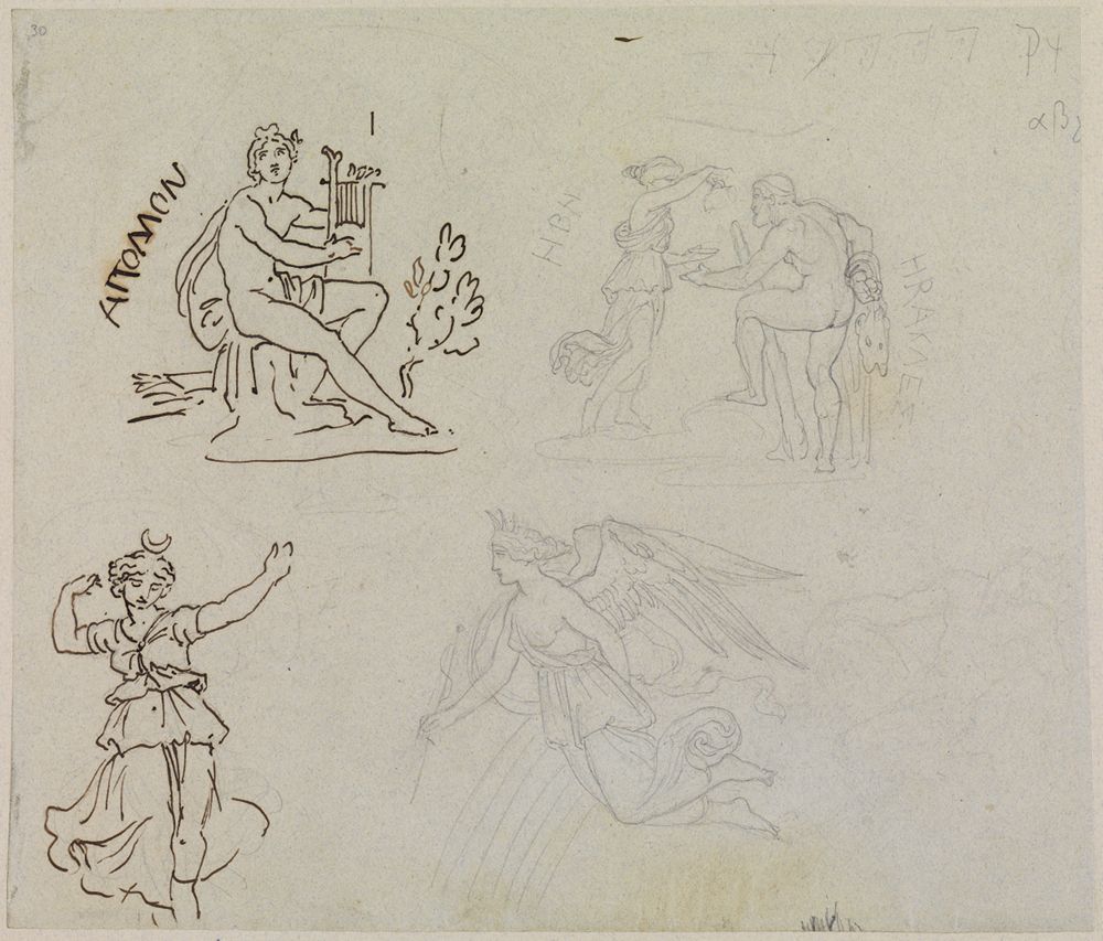 Moritz von Schwind - Skizzenblatt mit fünf Entwürfen für Rundbilder im Saal der Philostratischen Gemälde
