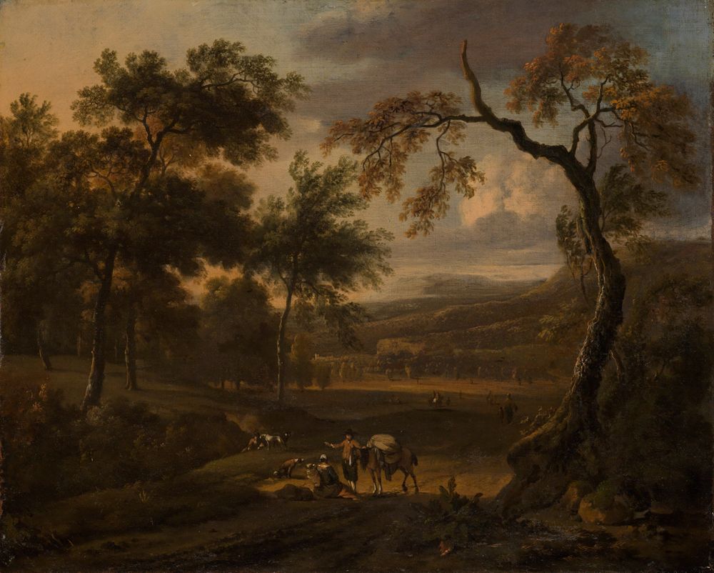 Jan Wijnants - Hügellandschaft mit großen Bäumen im Abendlicht