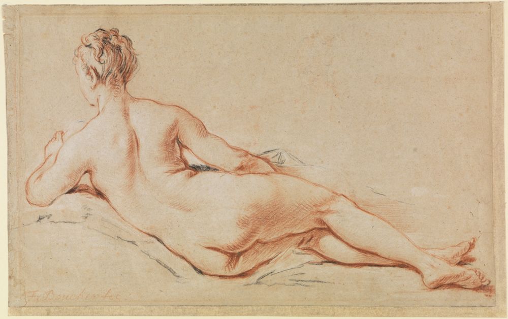 François Boucher - Liegender weiblicher Akt, auf den linken Arm gestützt, in Rückenansicht