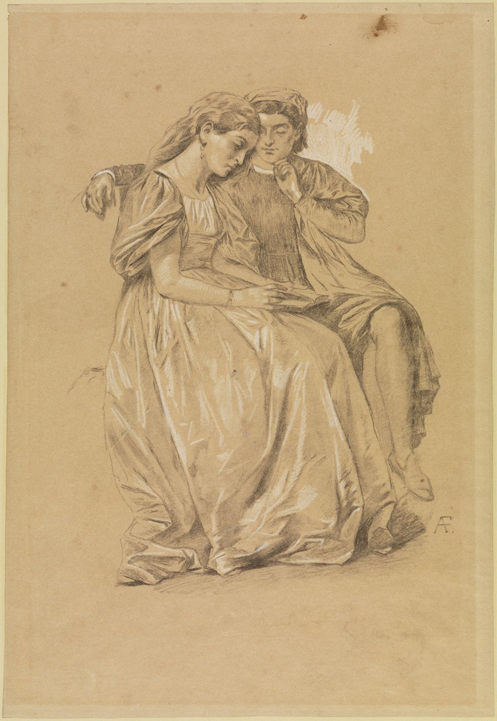 „Paolo und Francesca“ zeigt zwei Figuren in einem innigen Moment. Francesca sitzt mit einem traurigen, aber liebevollen Gesichtsausdruck. Paolo steht neben ihr und schaut sie zärtlich an.