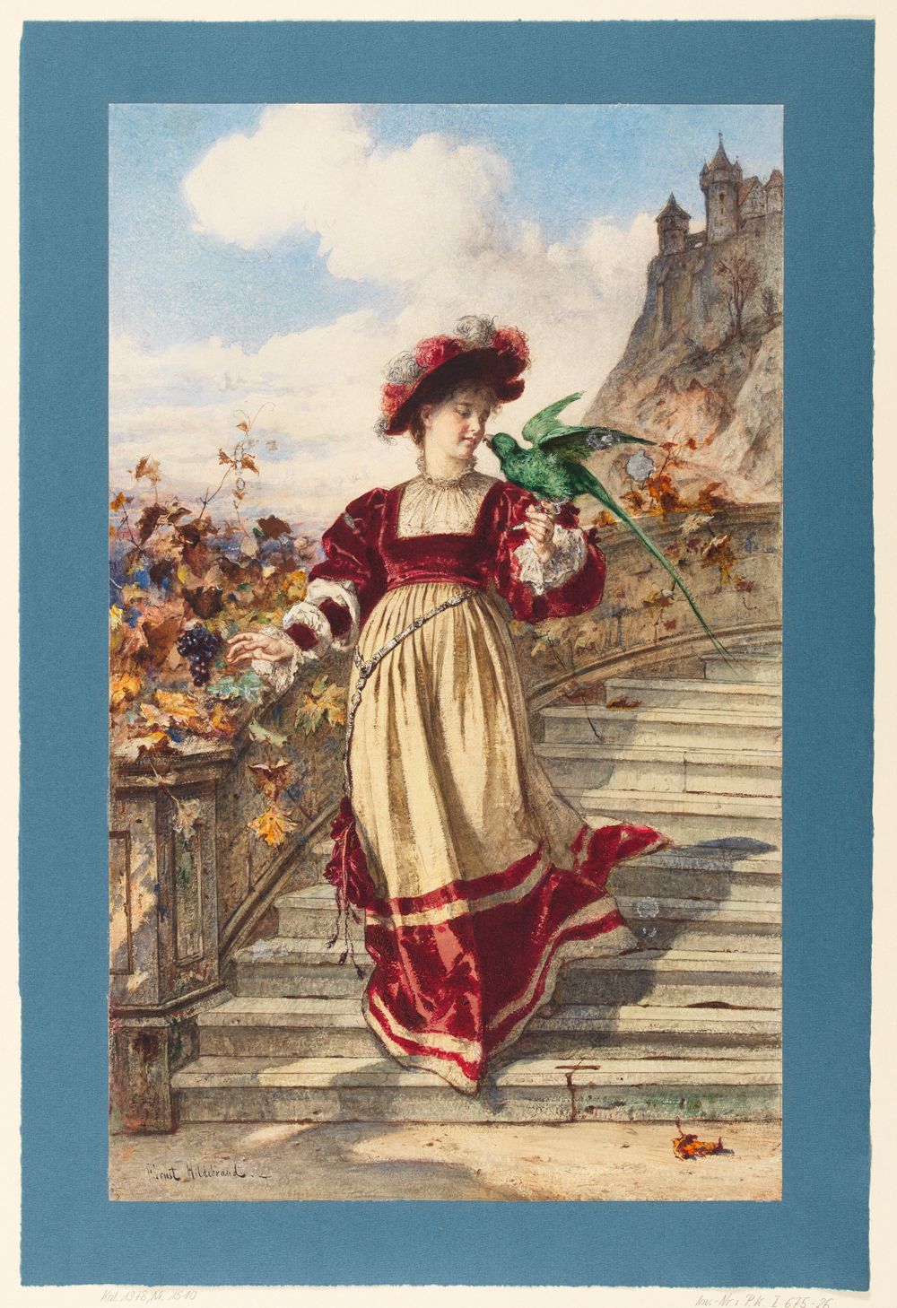 Ernst Hildebrand (1833) - Dame in Renaissancetracht mit Papagei auf der Schloßtreppe