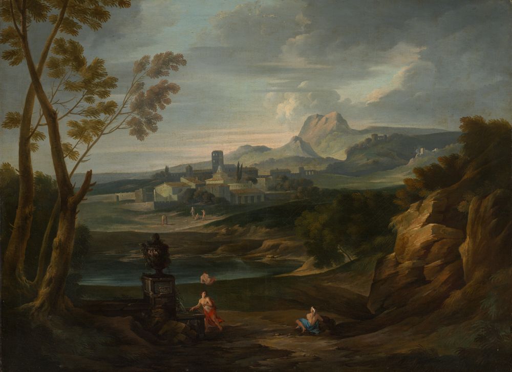 Italienischer Meister - Weite Landschaft mit einer Stadt am Meer vor einem Gebirge