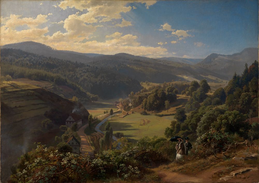 <p>Das Geroldsauer Tal von Johann Wilhelm Schirmer zeigt eine malerische Landschaft. Ein klarer Bach schlängelt sich durch die Wiesen. Der Himmel ist hell mit wenigen Wolken.</p><p></p><p></p>