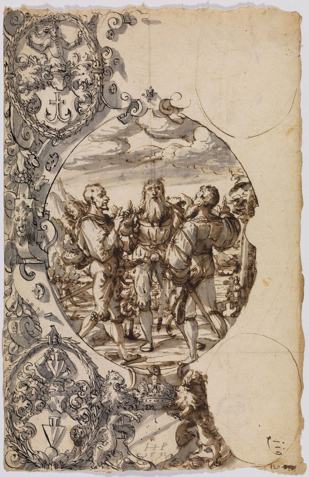 Hans Jakob Plepp - Riss mit Rütlischwur, darunter Zürcher Schild, in den l. Eckbildern nicht identifizierte Wappen