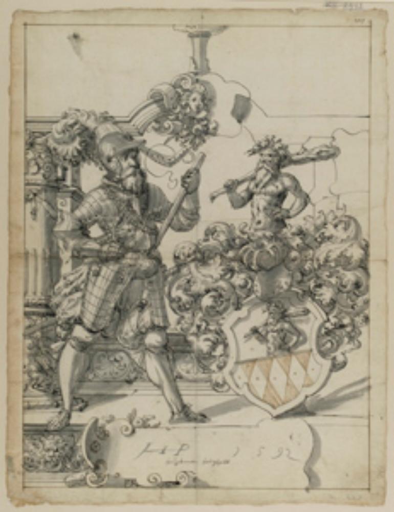 Hans Jakob Plepp - Riss mit Hauptmann als Schildbegleiter und Wappen Holzhalb