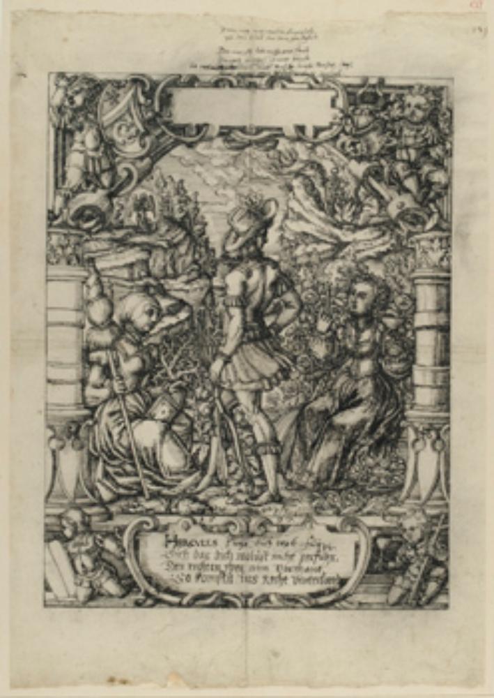 Straßburger Meister - Riss mit Herkules am Scheideweg, darüber nicht identifiziertes Wappen